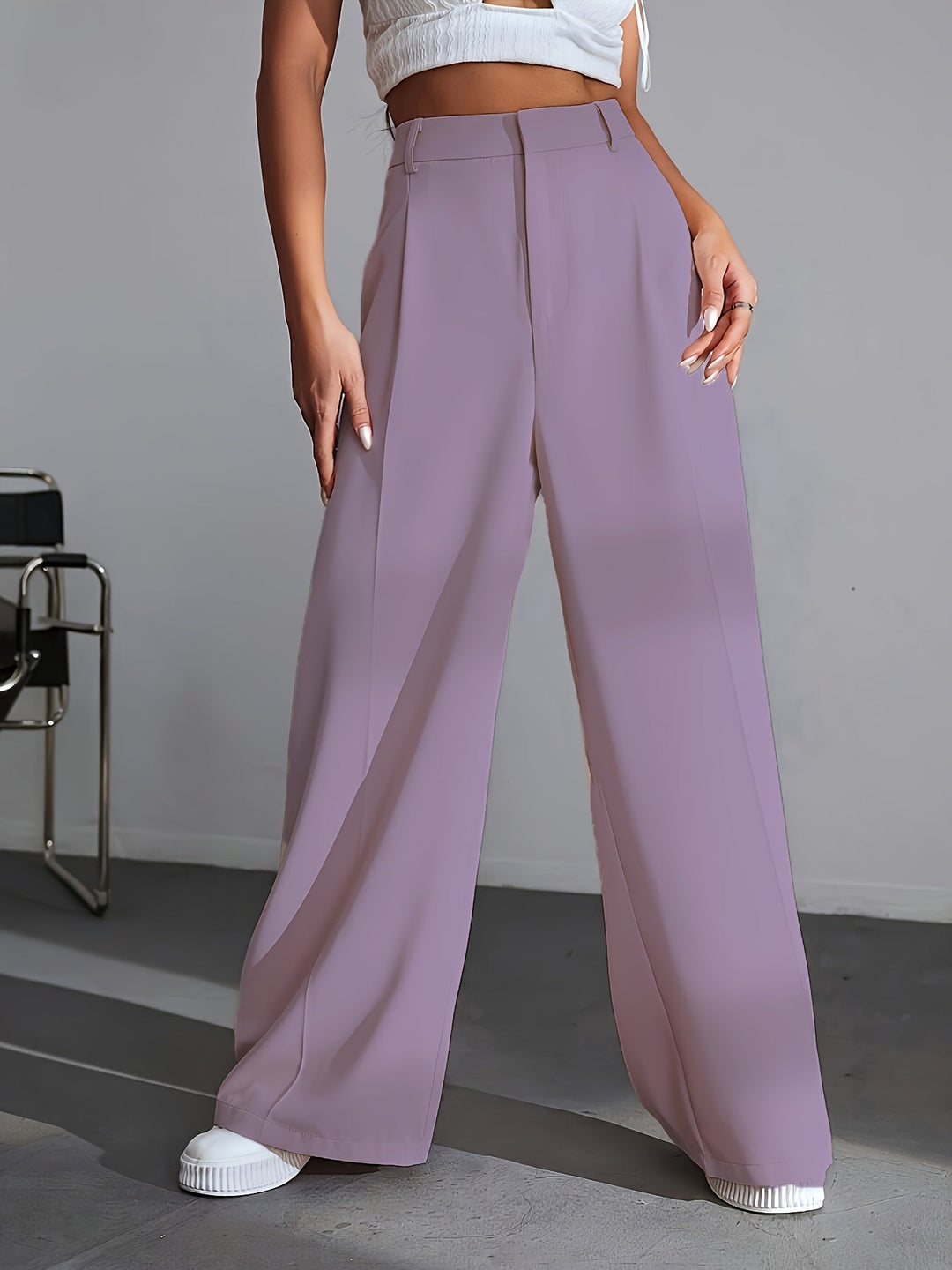 Effortless style with these women's luxury wide leg trousers. Solid color, relaxed fit for comfort & chic apparel.