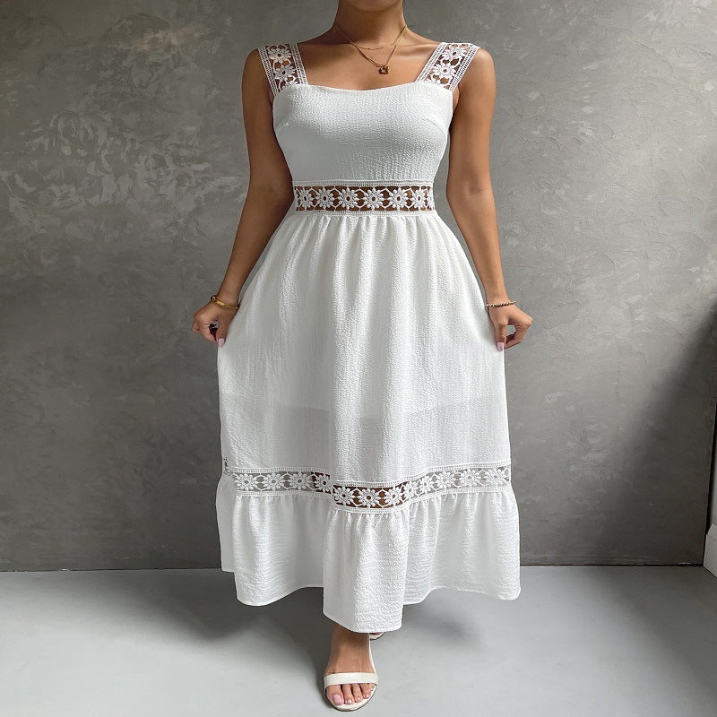 Elegant women's maxi dress with floral lace trim, square neck, and ruffle hem. Perfect for summer evenings.