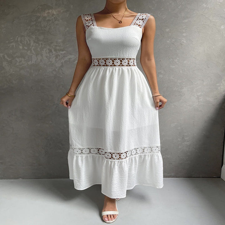 Elegant women's maxi dress with floral lace trim, square neck, and ruffle hem. Perfect for summer evenings.