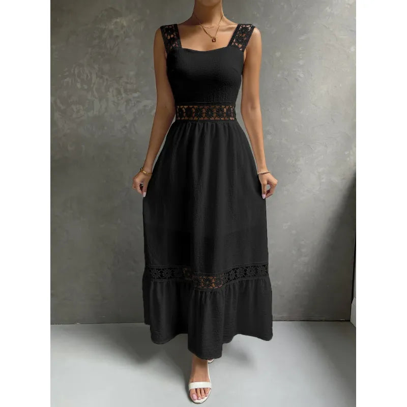 Chic women's sleeveless maxi dress featuring delicate floral lace trim, square neck, and elegant ruffle hem design.