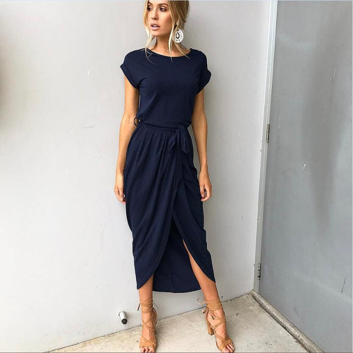 Versatile women's tie-waist maxi dress with a sophisticated side split for summer fashion.