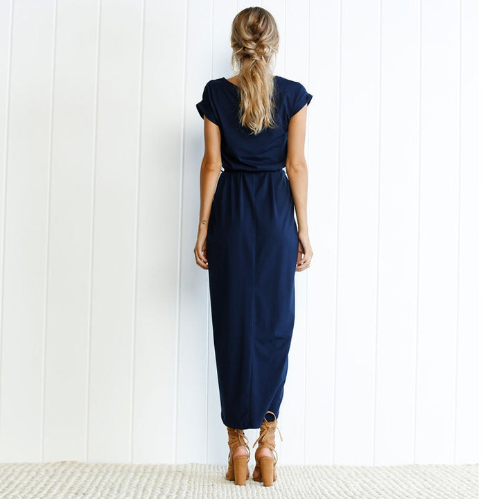 Casual yet chic women's maxi dress with side split, great for summer parties and special events.