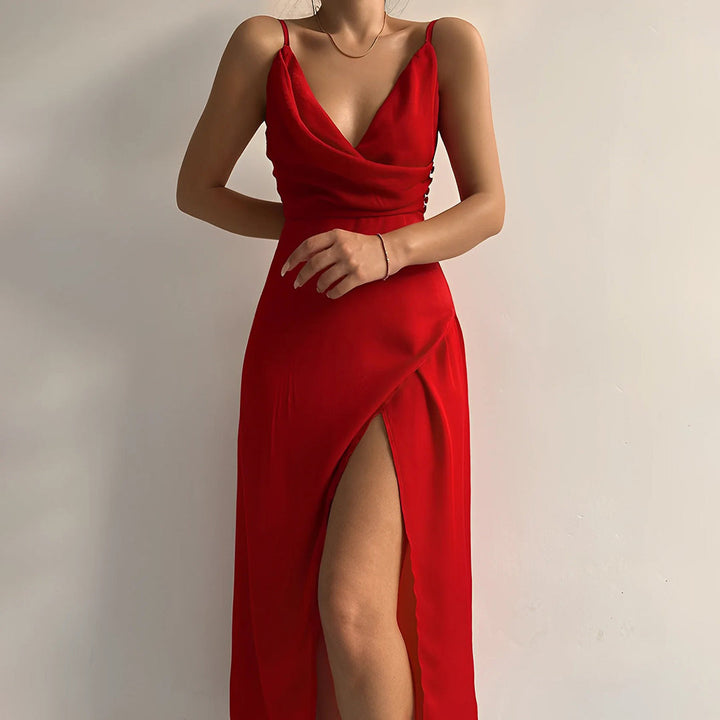 Chic Olivia Maxi Dress, a stunning evening gown for women with a fashionable thigh slit and adjustable straps.