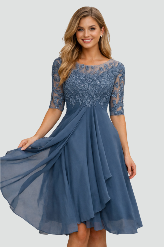 Elegant women's midi dress for evening parties & special occasions. Three-quarter sleeves, flowing silhouette.