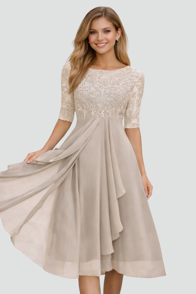 Sophisticated women's evening midi dress with three-quarter sleeves. Perfect formal party wear, flowing design.