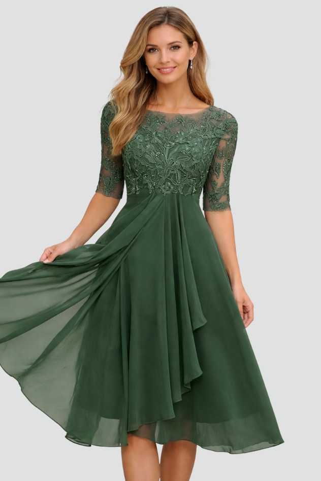 Graceful women's cocktail midi dress. Ideal for evening, formal events, parties. Elegant 3/4 sleeve design.