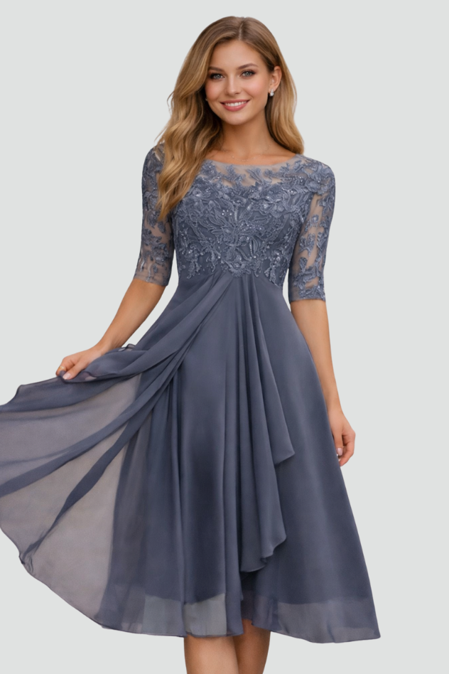 Classic women's formal midi dress with 3/4 sleeves. Elegant evening party wear for special occasions. Flowing.