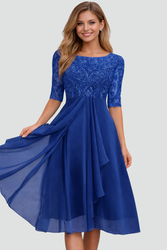 Stunning women's formal midi dress with three-quarter sleeves. Elegant flowing design, perfect for evening parties.