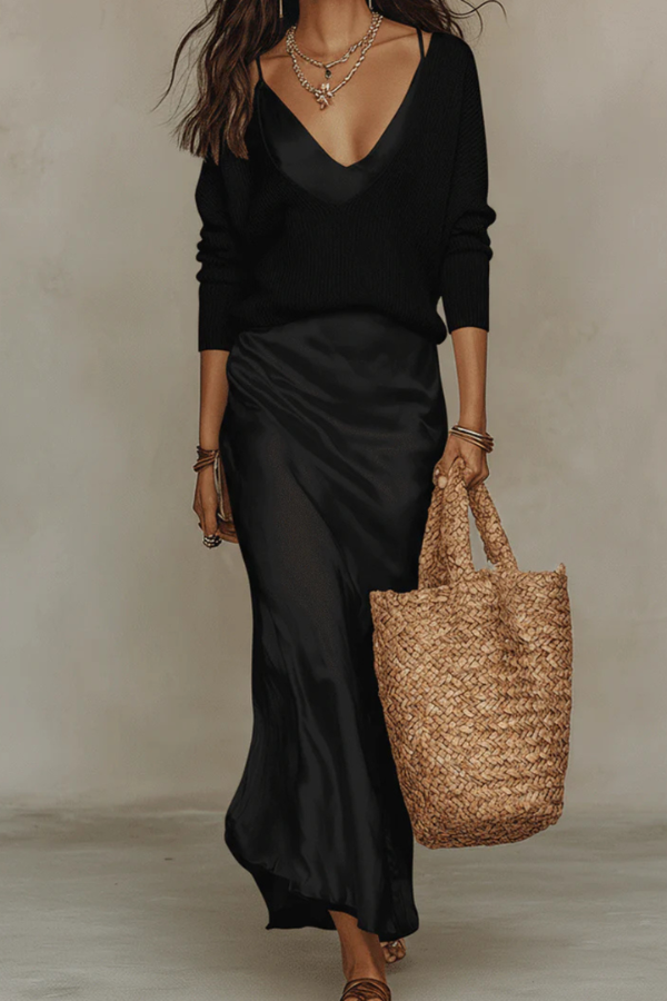 Soft knit women's midi dress and coordinating sweater set. Versatile fashion, perfect for elegant day-to-night styling.