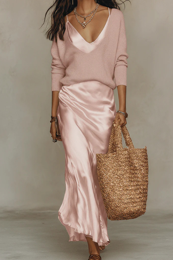 Chic women's sweater set with a flowing midi dress; an elegant two-piece outfit for a stylish layered look.