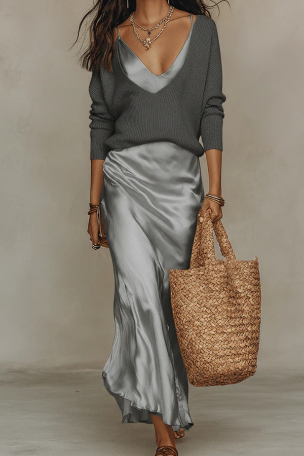 Versatile women's midi dress & sweater set, offering an elegant two-piece outfit for effortless casual chic style.