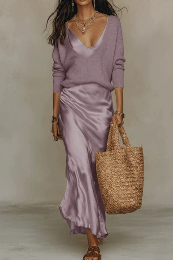 Women's elegant two-piece midi dress & sweater set, styled for a graceful, casual chic look, perfect day to night.