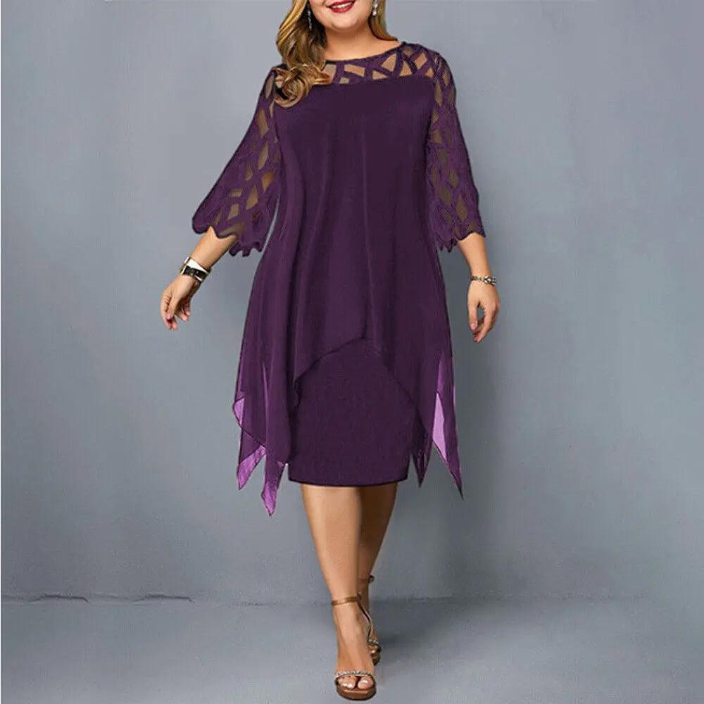 Elegant women's midi dress with delicate lace sleeves & classic round neck, perfect for evening wear & occasions.
