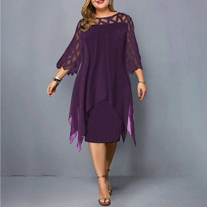 Elegant women's midi dress with delicate lace sleeves & classic round neck, perfect for evening wear & occasions.