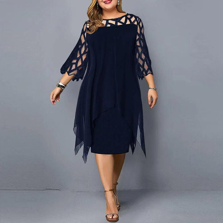 Women's timeless black midi dress, featuring elegant lace sleeves & a round neck, ideal for evening events.