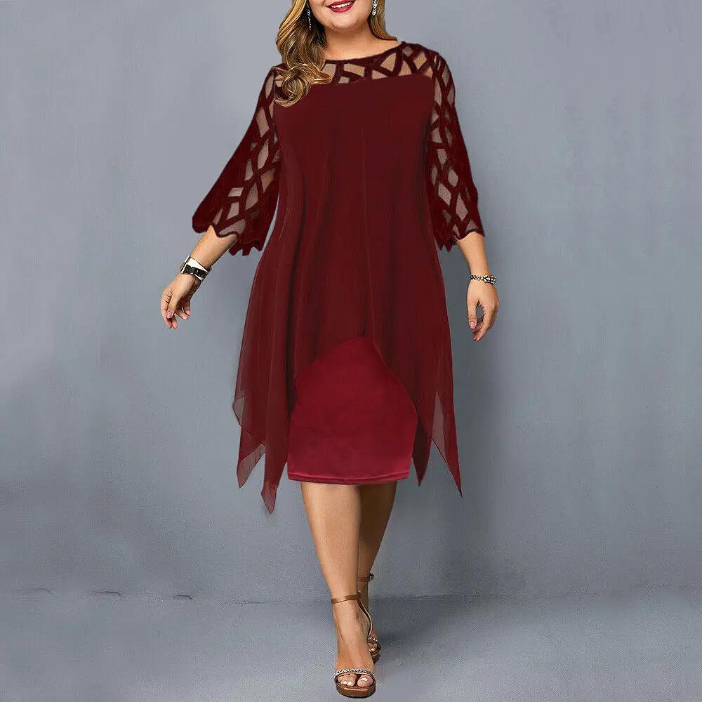 Stylish women's purple lace sleeve midi dress with round neck, versatile for parties, evening wear & occasions.