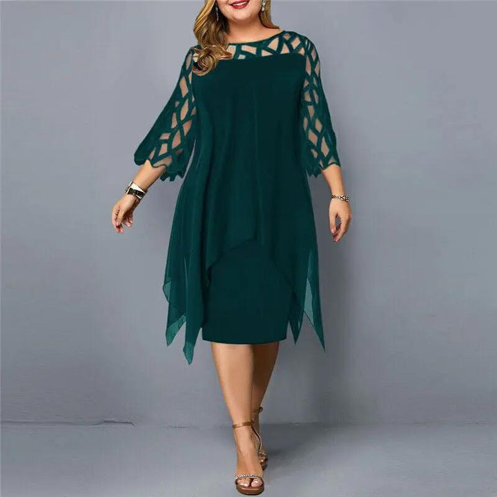 Close-up of elegant lace sleeves on a women's round neck midi dress, highlighting intricate detail & design.