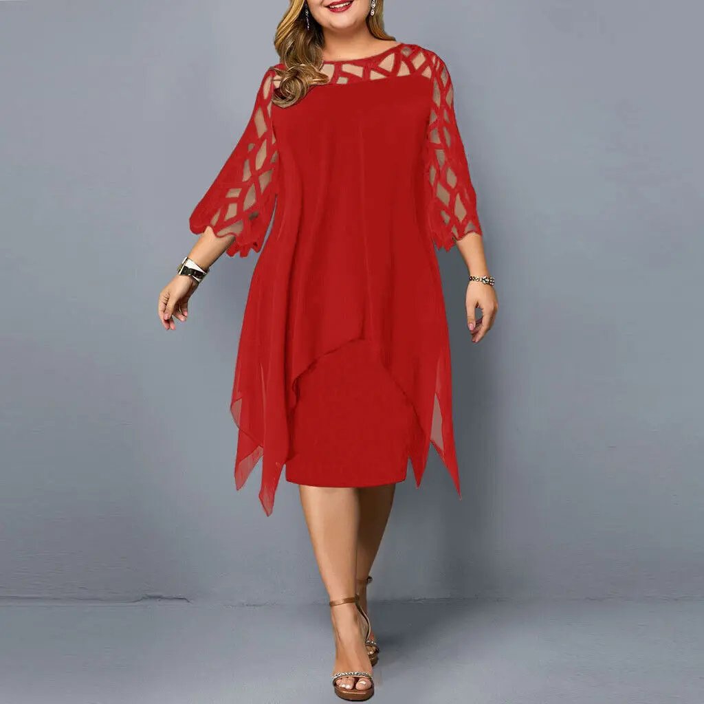 Women's versatile lace sleeve midi dress, a timeless round neck design for elegant evening wear or occasion.