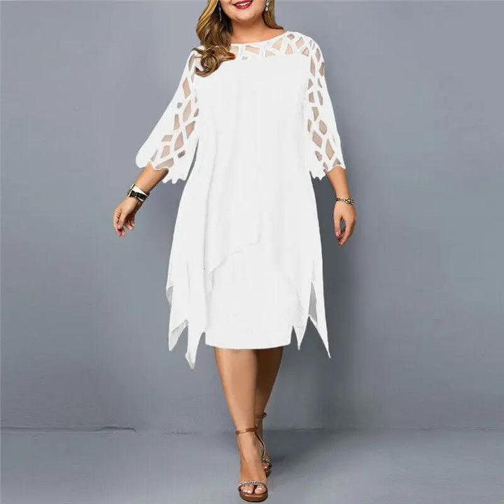Classic women's round neck midi dress with sophisticated lace sleeves, ideal for formal evening events.