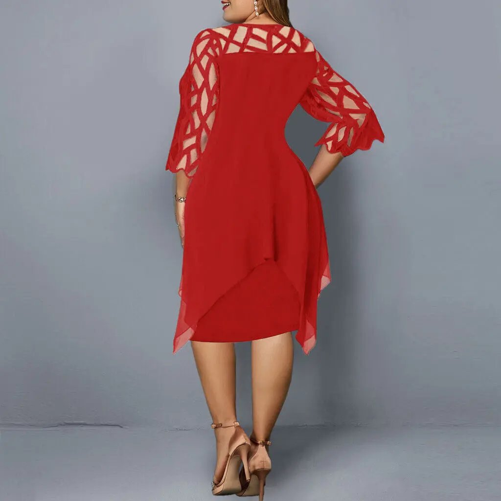 Beautiful women's midi dress with lace sleeves and elegant round neck, perfect for any special occasion.