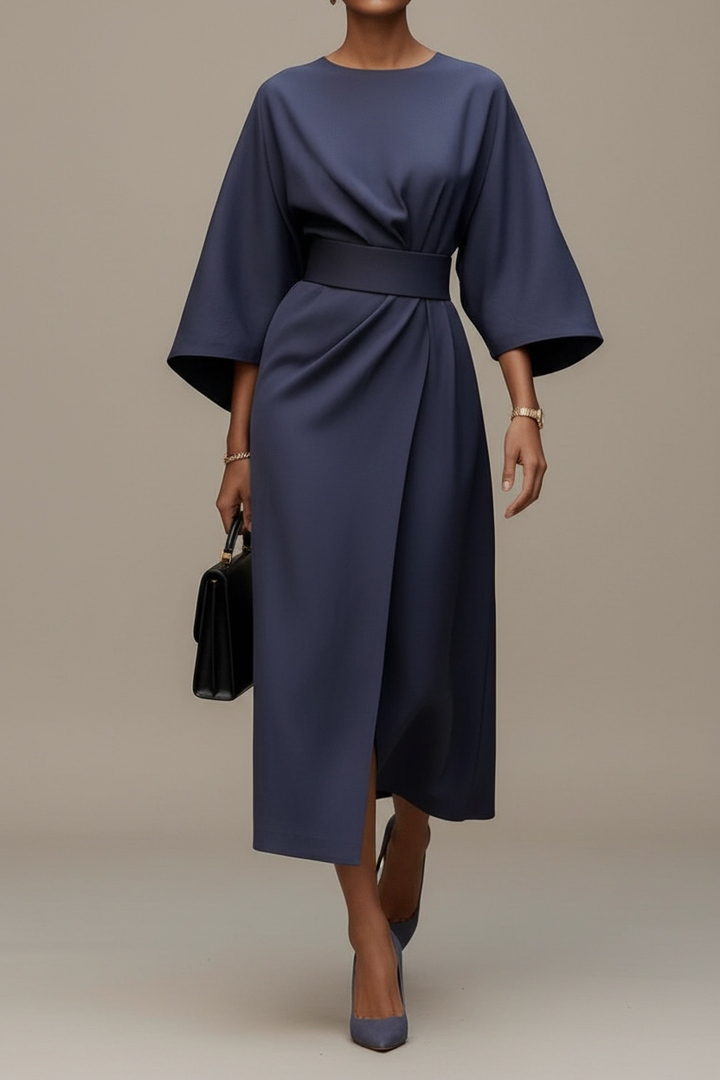 Elegant women's midi dress with lantern sleeves, perfect for special occasions.