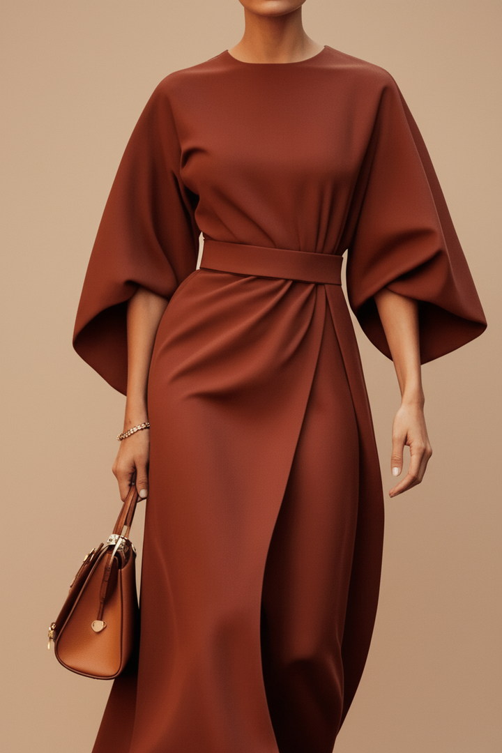 Elegant women's lantern sleeve midi dress for special occasions & formal events.
