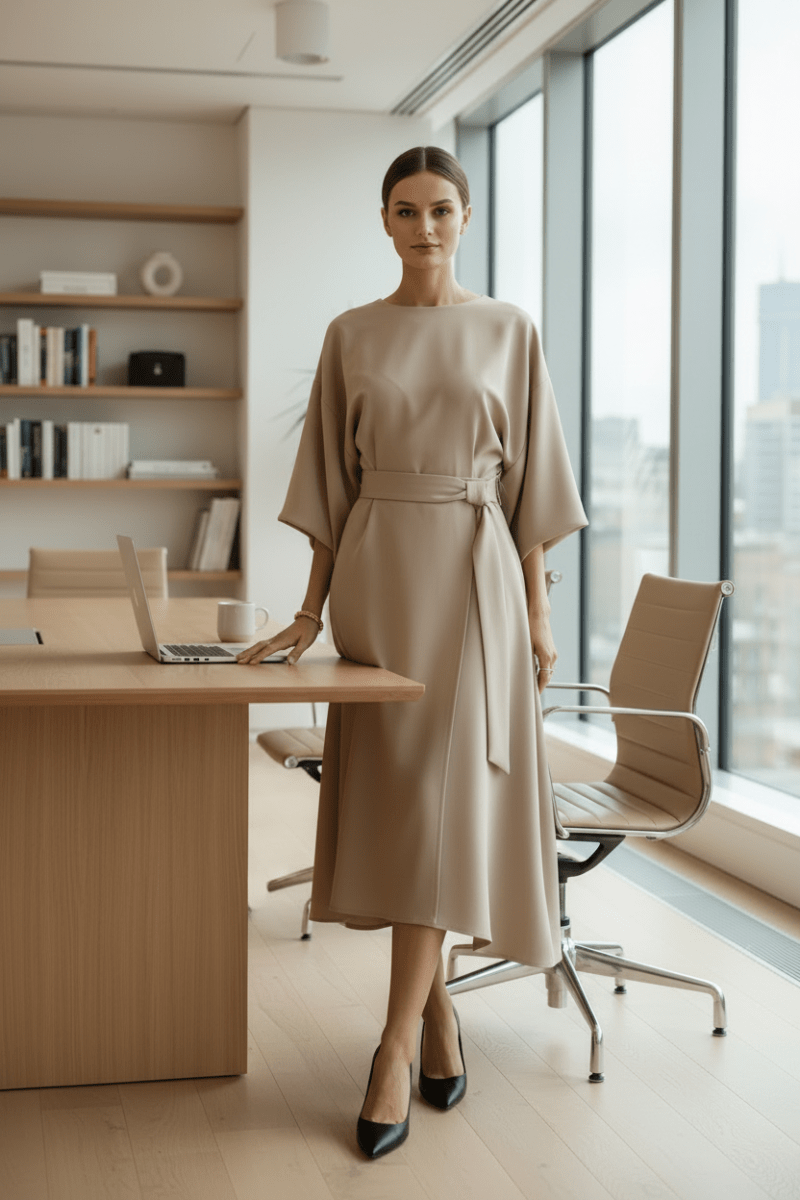 Women's elegant midi dress featuring chic lantern sleeves, suitable for special occasions.