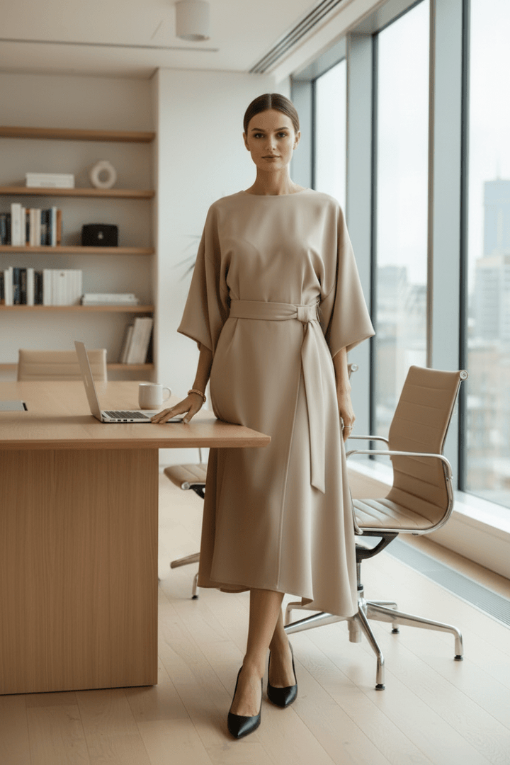 Women's elegant midi dress featuring chic lantern sleeves, suitable for special occasions.