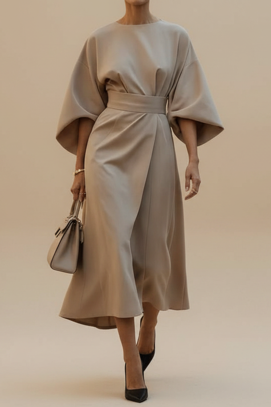 Sophisticated women's lantern sleeve midi dress, perfect for weddings & parties.