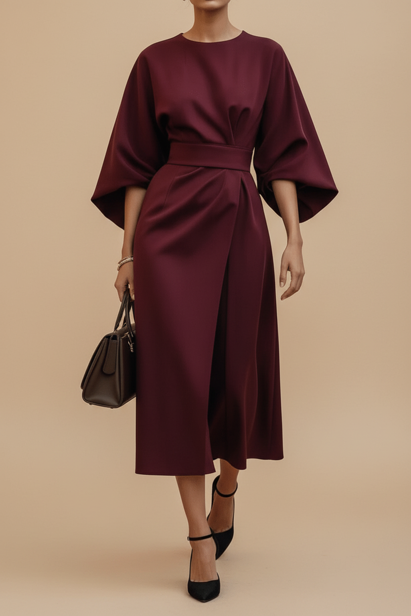 Long sleeve women's midi dress with elegant lantern sleeves, perfect for special events.