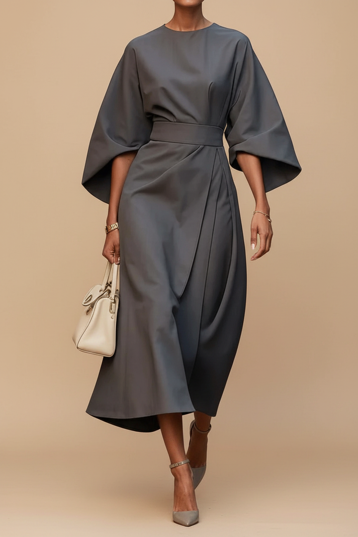 Versatile women's elegant midi dress, lantern sleeves, ideal for various formal occasions.