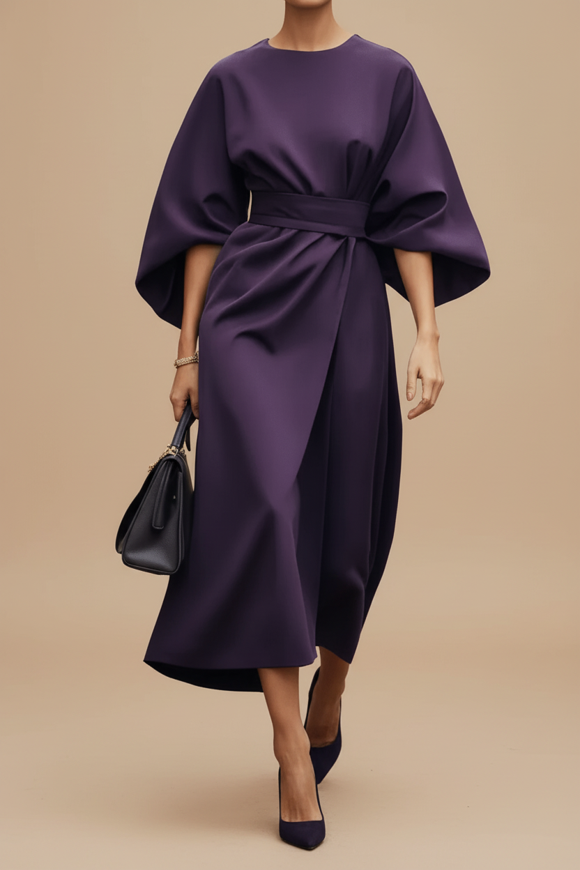 Stylish women's midi dress with elegant lantern sleeves, perfect for formal evening wear.