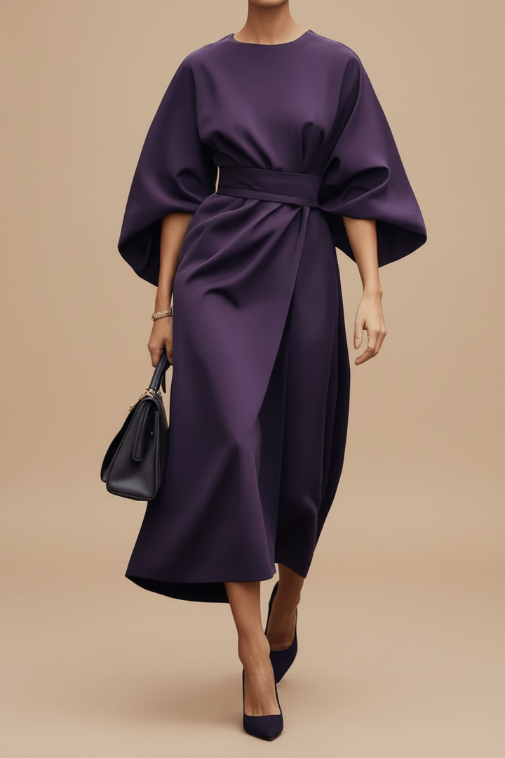 Stylish women's midi dress with elegant lantern sleeves, perfect for formal evening wear.