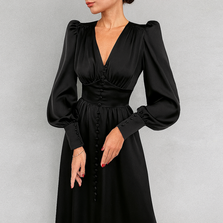 Elegant women's midi dress with puffed shoulders & v-neck. Perfect for cocktail & evening events.