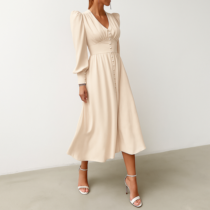 Chic women's puffed sleeve midi dress. Sophisticated v-neck design ideal for special events.