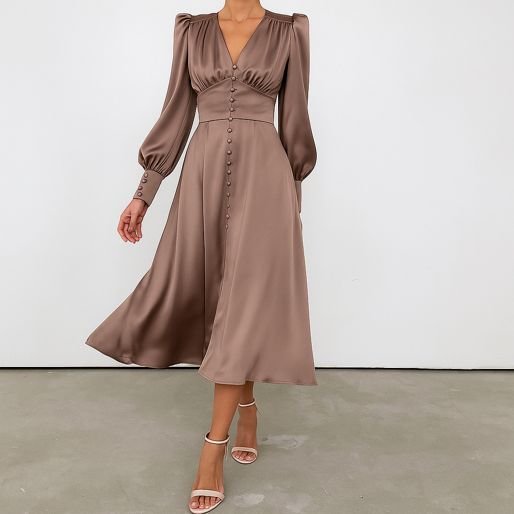 Stylish women's elegant midi dress. Puffed shoulders & v-neck make it perfect for cocktail or evening fashion.