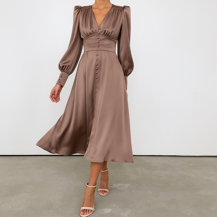 Stylish women's elegant midi dress. Puffed shoulders & v-neck make it perfect for cocktail or evening fashion.