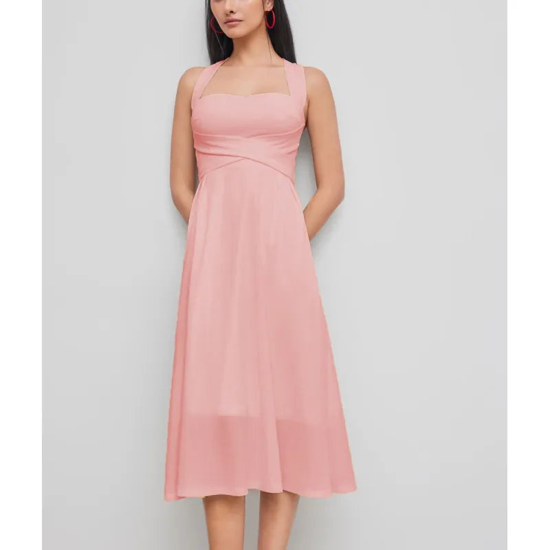 Elegant women's midi dress with square neck, cross-waist design, and sleeveless cut, perfect for summer fashion.