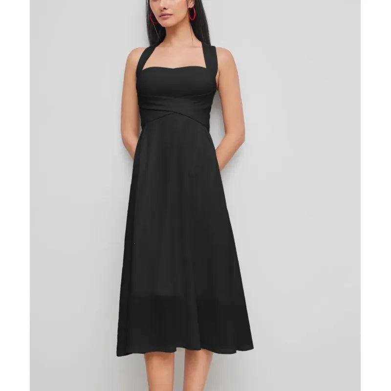 Chic A-line midi dress for women, featuring a stylish square neck and flattering cross-waist detail.