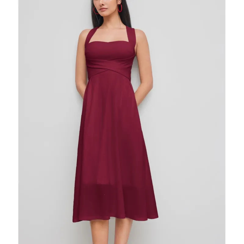 Versatile elegant midi dress for women, with a square neckline and cross-waist, ideal for summer events.