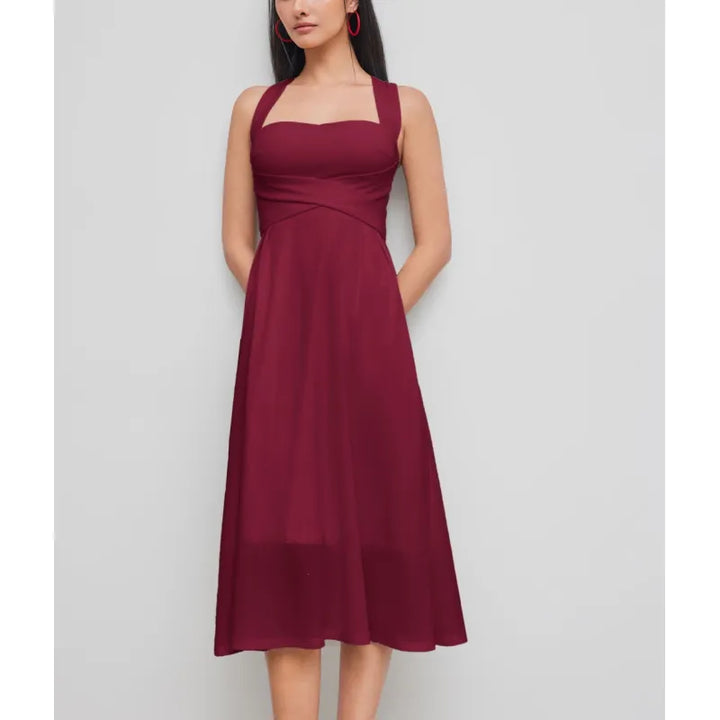 Versatile elegant midi dress for women, with a square neckline and cross-waist, ideal for summer events.