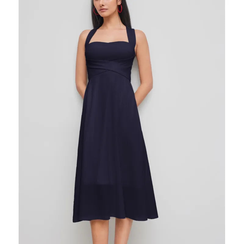 Women's stylish sleeveless midi dress with a square neck & unique cross-waist. Elegant A-line summer fashion.