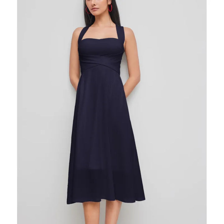 Women's stylish sleeveless midi dress with a square neck & unique cross-waist. Elegant A-line summer fashion.