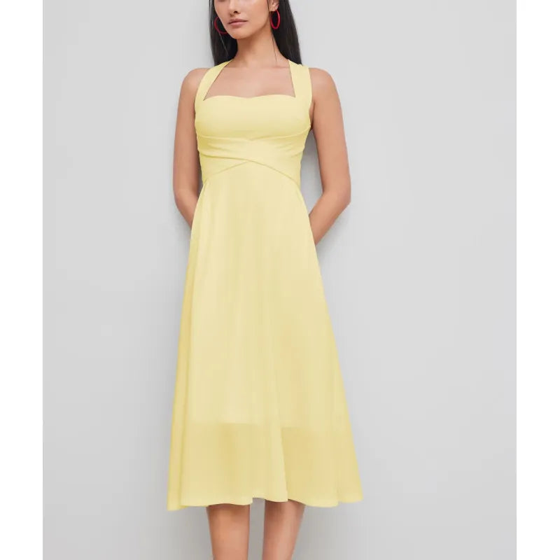 Elegant women's square neck midi dress. Sleeveless, cross-waist A-line cut, perfect for chic summer style.