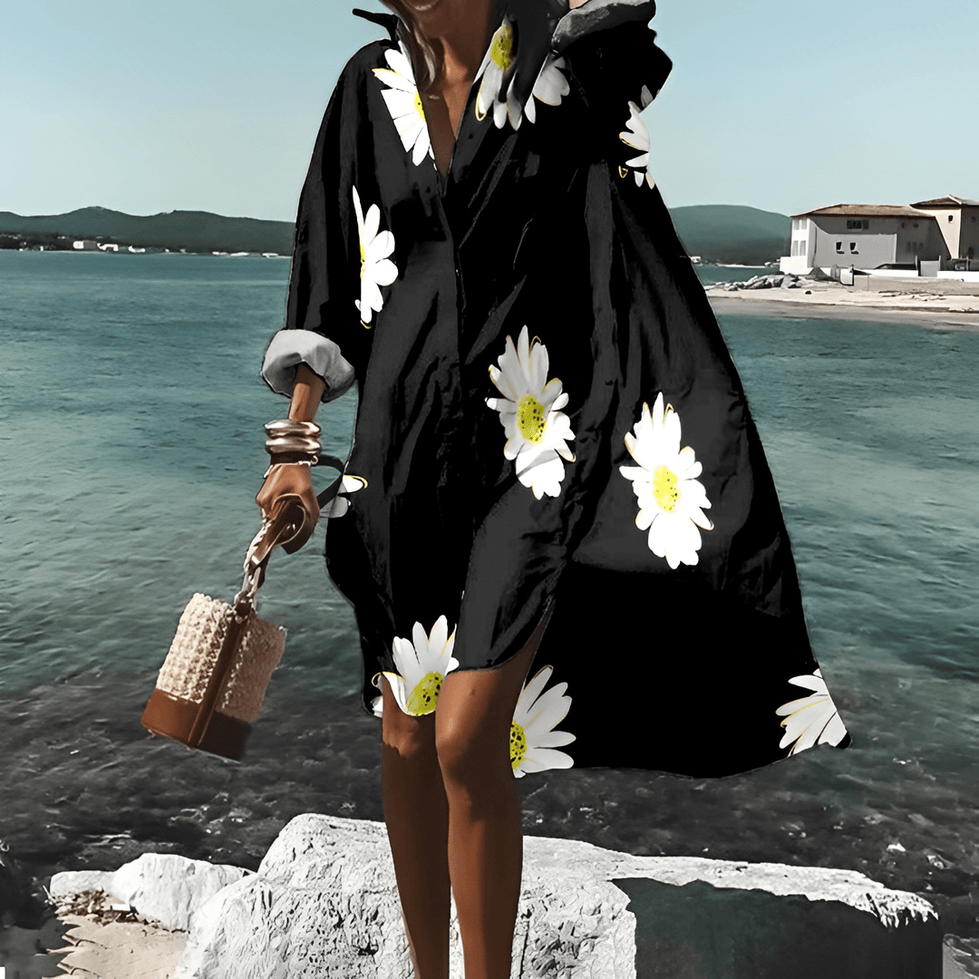 Chic long sleeve printed midi dress for women, offering both casual comfort & elegant style.