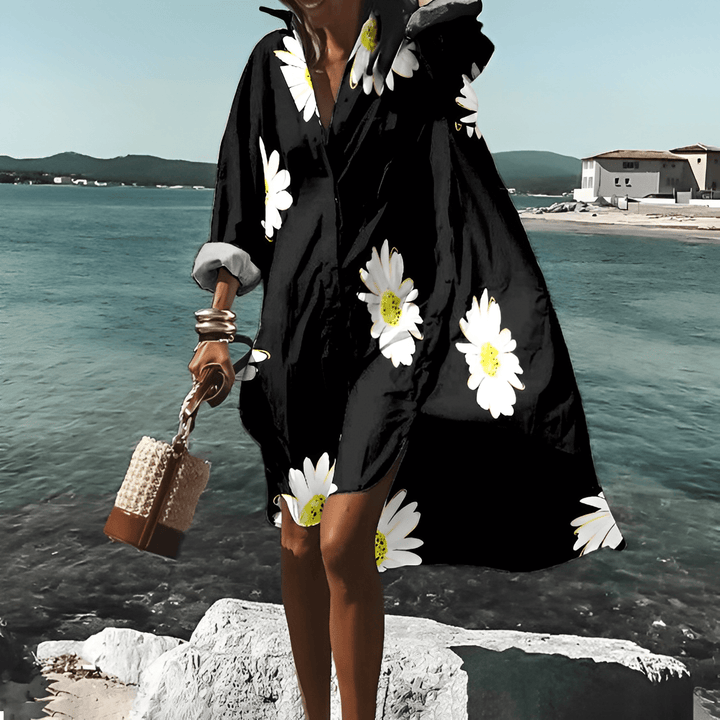 Chic long sleeve printed midi dress for women, offering both casual comfort & elegant style.