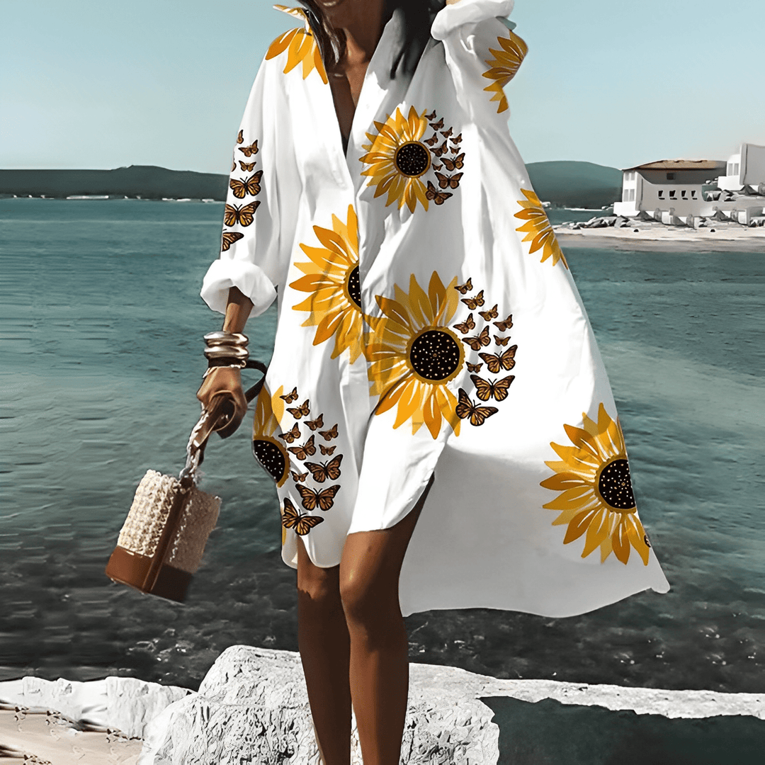 Fashionable women's unique pattern midi dress, a versatile printed dress for spring and fall.