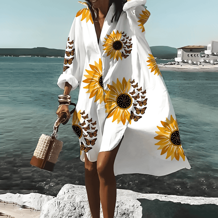 Fashionable women's unique pattern midi dress, a versatile printed dress for spring and fall.