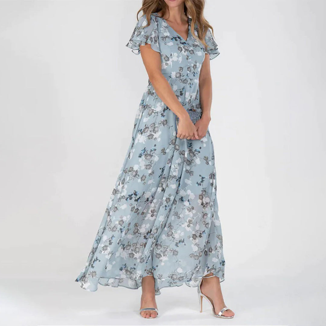 Chic V-neck floral midi dress for women. Effortlessly elegant, perfect for spring and summer fashion occasions.