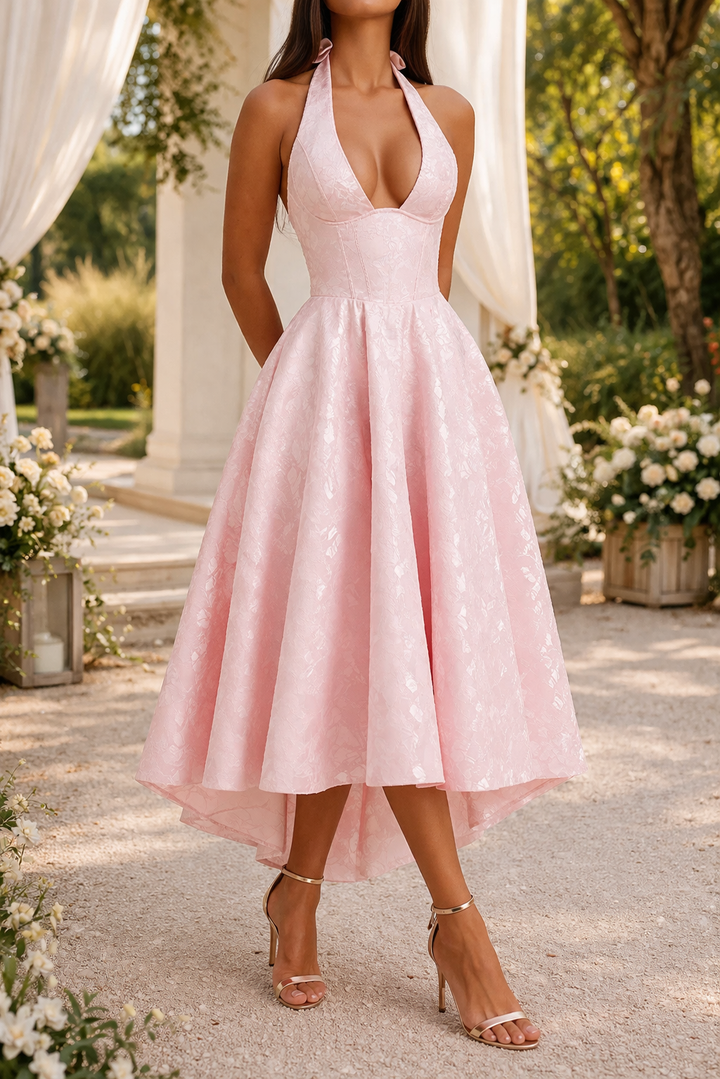 Elegant women's midi wedding guest dress with a chic halter neck and fitted waist, perfect for special occasions.